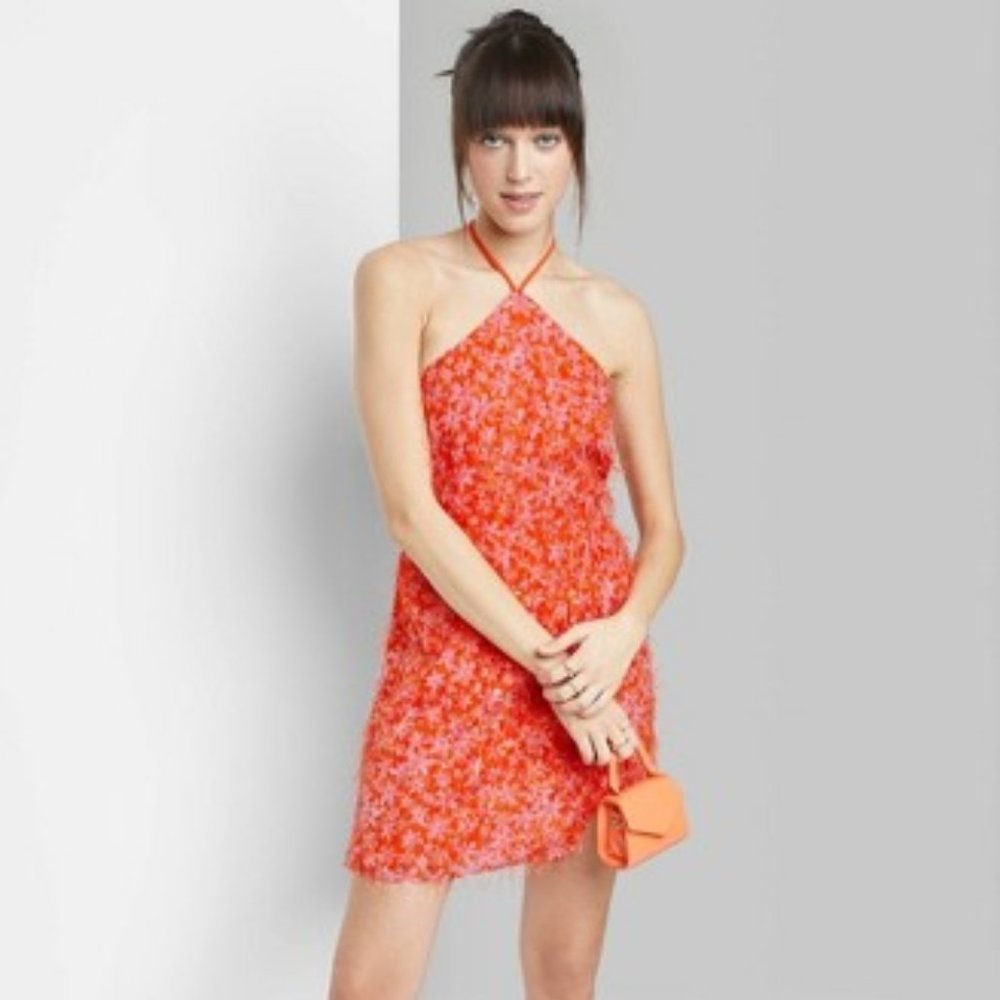 Wild Fable Orange Pink Fuzzy Floral Print Mini Dress Women's Size XS